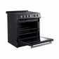 Left-angled view of the Forno 30-inch Leonardo electric range with the oven door open, showcasing the black interior, multiple rack positions, and stylish black finish with antique brass accents.
