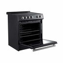 Left-angled view of the Forno 30-inch Leonardo electric range with the oven door open, showcasing the black interior, multiple rack positions, and stylish black finish with antique brass accents.