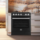 Forno 30-inch Leonardo electric range in a lifestyle kitchen setting, featuring a sleek black finish with antique brass knobs and trim, seamlessly integrated into a modern cooking space.
