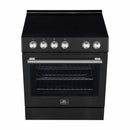 Top view of the Forno 30-inch Leonardo electric range, highlighting the smooth black ceramic glass cooktop with four radiant heating elements and clearly marked control zones.
