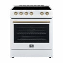 Front view of the Forno 30-inch Leonardo Espresso electric range in a white finish with antique brass knobs, handle, and trim, showcasing a vintage-inspired yet modern design with a large oven window and sleek cooktop.