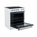 Front left-angled view of the Forno 30-inch Leonardo Espresso electric range in white with the oven door open, showcasing the spacious black interior, multiple rack positions, and elegant antique brass knobs and handle.