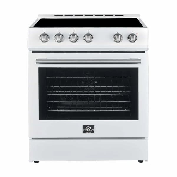 Front view of the Forno 30-inch Leonardo Espresso electric range in a white finish, featuring a smooth cooktop, large oven window, and stylish antique brass control knobs for a refined, modern-classic look.
