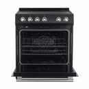 Front view of the Forno 30-inch Leonardo Espresso electric range with the oven door open, revealing a spacious black enamel interior with multiple rack positions and a large viewing window, accented by antique brass hardware.