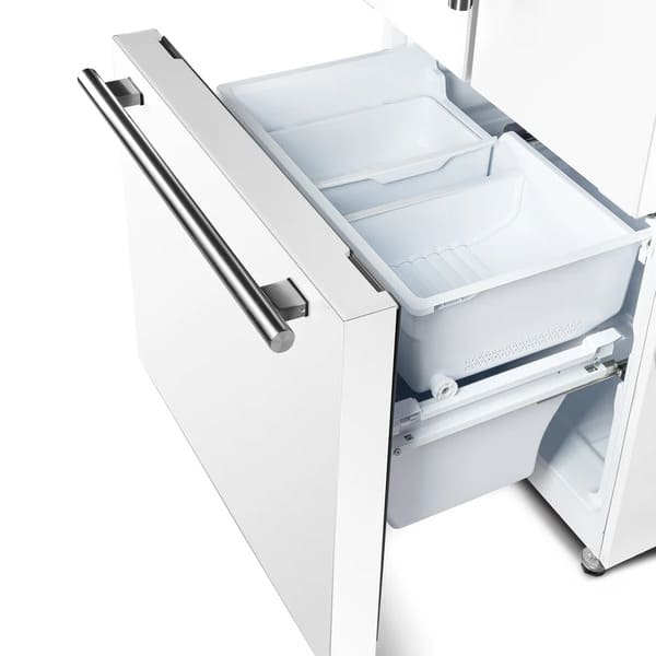 Front view of the Forno 30-inch refrigerator in white with the bottom freezer drawer open, revealing spacious compartments for frozen food storage and organized sliding bins.