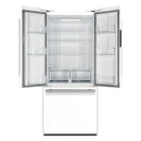 Front view of the Forno 30-inch refrigerator in white with the door open, revealing a well-organized interior with adjustable glass shelves, clear door bins, and spacious storage compartments