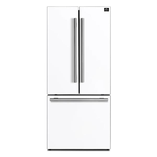 Front view of the Forno 30-inch refrigerator in a white finish, featuring a sleek, minimalist design with vertical handles and a smooth surface for a modern kitchen aesthetic.