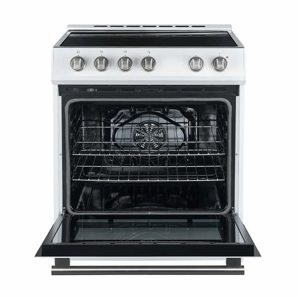Front view of the Forno 30-inch Leonardo electric range with the oven door open, highlighting the antique brass handle and knobs, spacious black enamel interior, and multiple rack positions for versatile cooking.