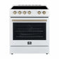 Front view of the Forno 30-inch Leonardo electric range featuring antique brass knobs and handle, combining a smooth cooktop and a large oven window with vintage-inspired detailing for a sophisticated kitchen centerpiece.