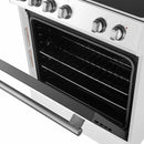 Close-up of the oven door on the Forno 30-inch Leonardo electric range, featuring a large glass viewing window and an antique brass handle that blends traditional elegance with modern functionality.