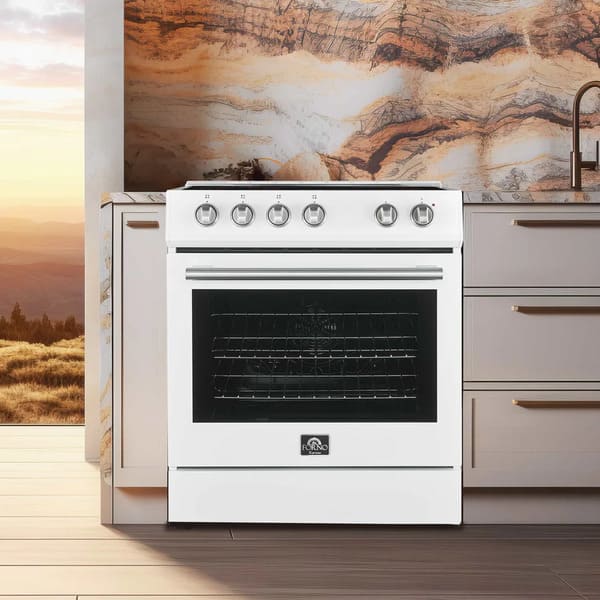 Lifestyle view of the Forno 30-inch Leonardo electric range, showcased in a stylish kitchen setting with complementary cabinetry and décor, featuring a sleek cooktop, large oven window, and antique brass hardware for a classic-modern blend.