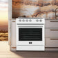 Lifestyle view of the Forno 30-inch Leonardo electric range, showcased in a stylish kitchen setting with complementary cabinetry and décor, featuring a sleek cooktop, large oven window, and antique brass hardware for a classic-modern blend.