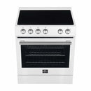 Top view of the Forno 30-inch Leonardo electric range, featuring a sleek black ceramic glass cooktop with four radiant heating elements and antique brass control knobs positioned at the front for easy access.