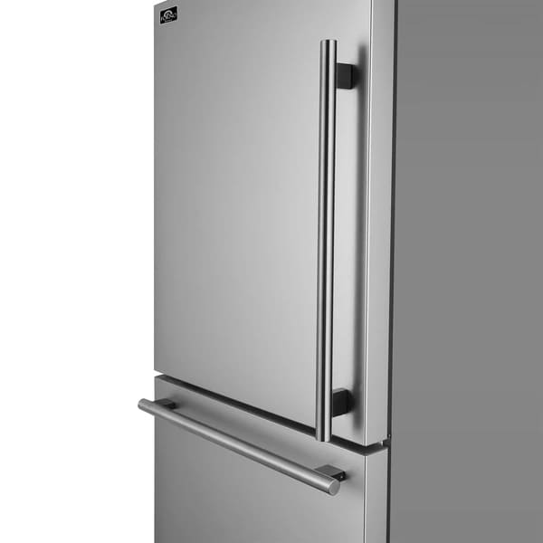 Close-up view of the FORNO 31-inch refrigerator in stainless steel showing the sleek left-hinge door and side-mounted handles.