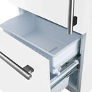 Close-up view of the freezer drawer in the Forno 31-inch left-hinge refrigerator in white, featuring a spacious pull-out design with organized compartments for efficient frozen food storage.