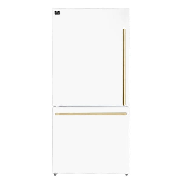 Lifestyle view of the Forno 31-inch left-hinge refrigerator in a white finish with antique brass handle, featured in a stylish kitchen setting that blends classic accents with modern design for a timeless look.
