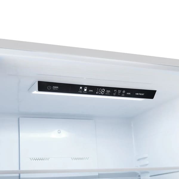 Close-up of the control panel inside the FORNO 31-inch right-hinge refrigerator in stainless steel, featuring a digital display with touch controls for precise temperature management.