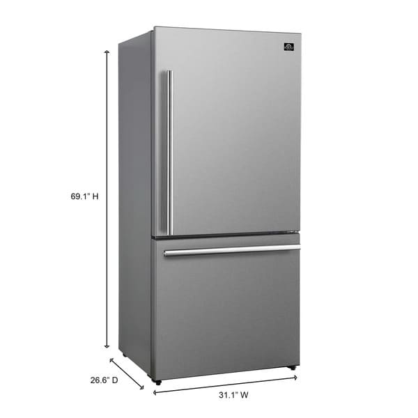 Dimension view of the FORNO 31-inch right-hinge refrigerator in stainless steel, displaying height, width, and depth measurements for installation reference.