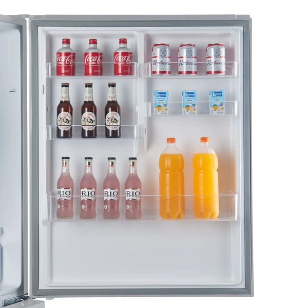 Close-up view of the interior side of the door in the FORNO 31-inch right-hinge refrigerator in stainless steel, highlighting the built-in storage bins and organized compartment layout.