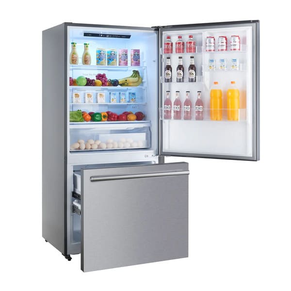 Front left-angled view of the FORNO 31-inch right-hinge refrigerator in stainless steel with the door open, showcasing the interior layout with adjustable shelving and transparent storage bins.