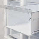 Detailed close-up of the drawers in the FORNO 33-inch side-by-side refrigerator in stainless steel, showing transparent construction and smooth sliding mechanism for easy access to stored items.