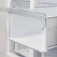 Detailed close-up of the drawers in the FORNO 33-inch side-by-side refrigerator in stainless steel, showing transparent construction and smooth sliding mechanism for easy access to stored items.