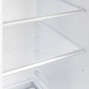 Close-up view of the interior shelves in the FORNO 33-inch side-by-side refrigerator in stainless steel, featuring adjustable glass shelving for flexible and organized food storage.