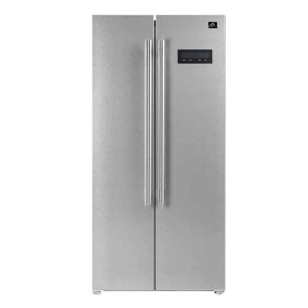 Front view of the FORNO 33-inch side-by-side refrigerator in stainless steel, featuring vertical double doors, a modern finish, and spacious interior storage.