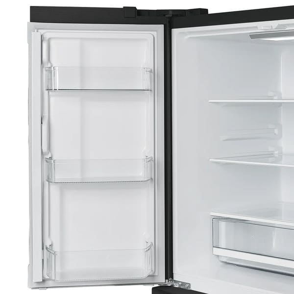 Close-up view of the Forno 36-inch French door refrigerator’s interior door bins, highlighting multiple clear storage compartments designed for bottles, condiments, and small items.