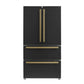Front view of the Forno 36-inch French door refrigerator in black with antique brass handles, featuring double doors, a bottom freezer drawer, and a sleek, modern design.
