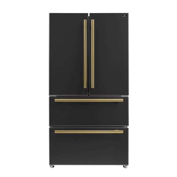 Front view of the Forno 36-inch French door refrigerator in black with antique brass handles, featuring double doors, a bottom freezer drawer, and a sleek, modern design.