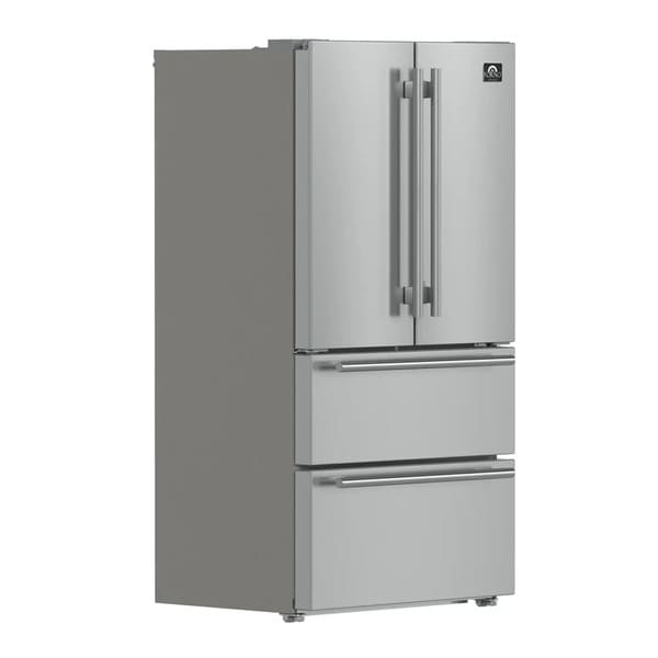 Angled front-left view of the FORNO 36-inch French door refrigerator in stainless steel, showcasing the sleek exterior, French doors, and bottom freezer design.