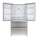 Front view of the FORNO 36-inch French door refrigerator in stainless steel with both French doors open, revealing spacious interior shelving, door bins, and the bottom freezer drawer.