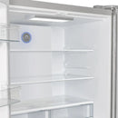 Close-up view of the interior shelves in the FORNO 36-inch French door refrigerator in stainless steel, featuring adjustable glass shelving for customizable food storage.