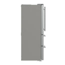 Side view of the FORNO 36-inch French door refrigerator in stainless steel, highlighting the appliance's sleek profile, smooth finish, and modern, built-in aesthetic.