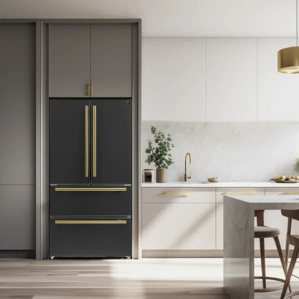 Forno 36-inch French door refrigerator in a lifestyle kitchen setting, shown in black with antique brass handles, complementing modern cabinetry and décor.