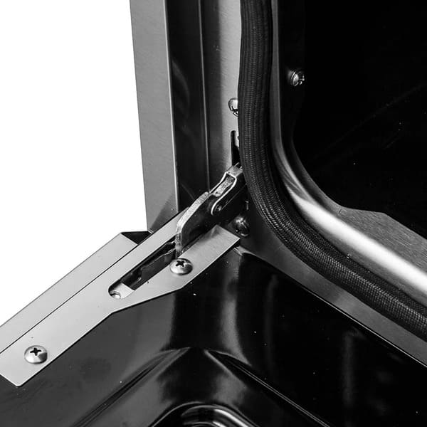 Close-up of the door hinge on the FORNO 36-inch gas range in stainless steel, showcasing the durable construction and smooth-operating mechanism for reliable oven door support.