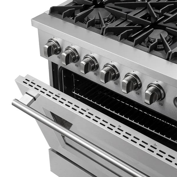 Close-up of the oven door vent on the FORNO 36-inch gas range in stainless steel, highlighting the vent design for proper heat circulation and sleek exterior detailing.