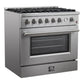 Front left-angled view of the FORNO 36-inch gas range in stainless steel, highlighting the control knobs, six-burner cooktop, and sleek professional design.