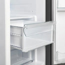 Close-up view of the crisper drawer inside the FORNO 36-inch side-by-side refrigerator, designed for optimal freshness with a clear front panel and smooth-slide mechanism.
