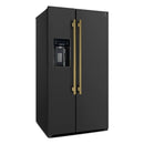 Front left angled view of the FORNO 36-inch side-by-side refrigerator from the 2-piece appliance package, highlighting its modern design, contoured doors, and durable vertical handles.
