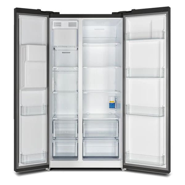 Front view of the FORNO 36-inch side-by-side refrigerator with both doors open, revealing spacious interior storage with adjustable glass shelves, clear bins, and LED lighting.