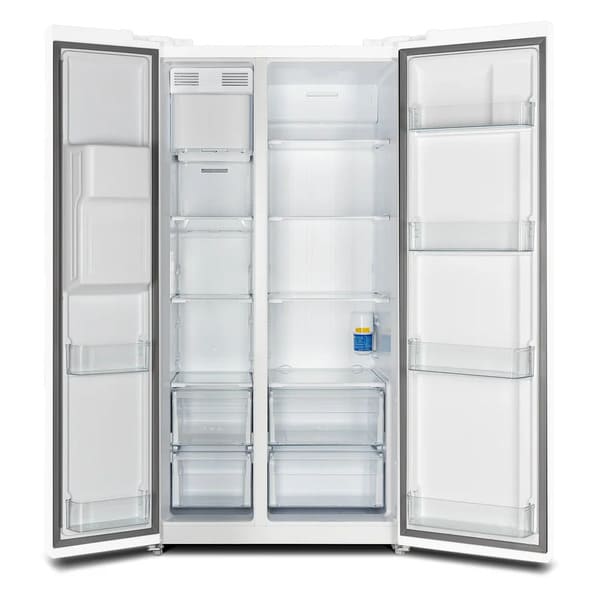 Front view of the Forno 36-inch side-by-side refrigerator in white with both doors open, revealing spacious interior compartments with adjustable shelves, clear door bins, and multiple storage drawers for organized food storage.
