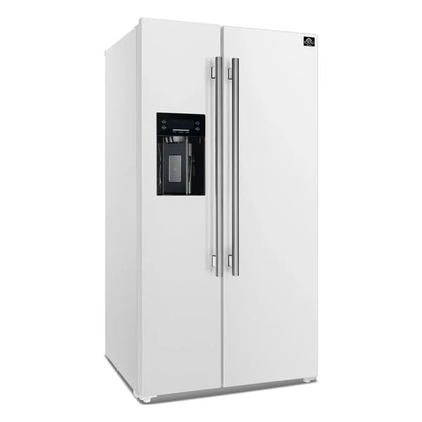 Front left-angled view of the Forno 36-inch side-by-side refrigerator in a white finish, highlighting its sleek vertical doors, modern handles, and spacious, contemporary design.