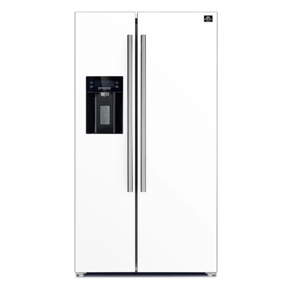 Front view of the Forno 36-inch side-by-side refrigerator in a white finish, featuring vertical doors with sleek handles and a minimalist design for a clean, modern kitchen look.