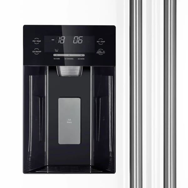 Close-up view of the built-in ice maker inside the Forno 36-inch side-by-side refrigerator in white, showing the ice compartment and dispenser area designed for convenient ice production and storage.