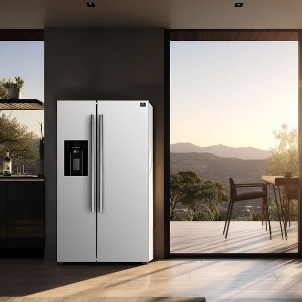 Forno 36-inch side-by-side refrigerator in a white finish, shown in a lifestyle kitchen setting with modern cabinetry and decor, blending functionality and contemporary design.
