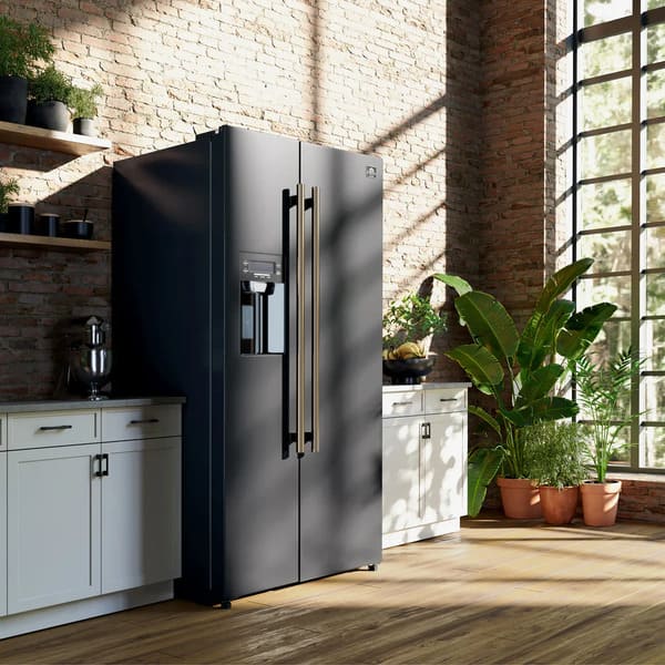 Lifestyle view of FORNO 36-inch side-by-side refrigerator as part of a 2-piece appliance package, shown in a modern kitchen setting with coordinated cabinetry and appliances.
