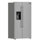 Angled front-left view of the Forno 36-inch side-by-side refrigerator with water dispenser, featuring a modern stainless steel finish, integrated external dispenser, and sleek vertical handles that enhance its contemporary kitchen appeal.