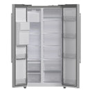 Alternate front view of the Forno 36-inch side-by-side refrigerator with water dispenser, both doors open to display a well-organized interior with spacious shelving, crisper drawers, and ample door storage for efficient food organization.